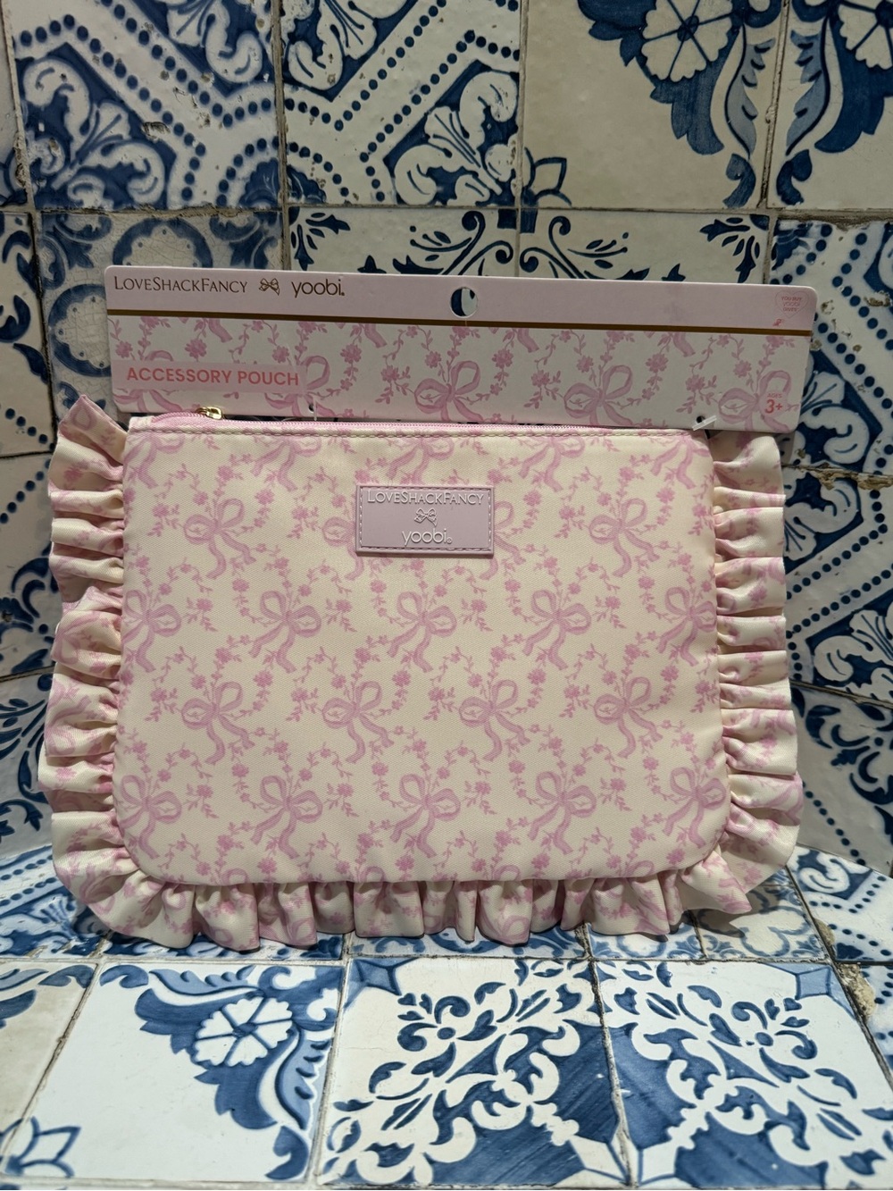 LoveShackFancy Pink Ruffle Bow Accessory Pouch